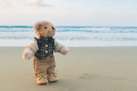 Teddy bear standing on the beachの写真素材