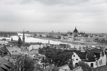 View of Budapest city and Danube river, Hungary. Black and white color toneの写真素材