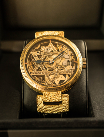 Vintage skeleton watch with Star of David in black leather boxの写真素材