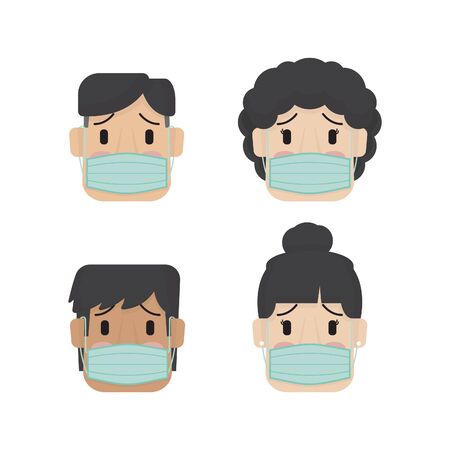 boy or Girl or young woman or young men wearing face medical mask isolated cartoon vector icon, cold flu virus epidemic prevention, allergy, air pollution protection.のイラスト素材