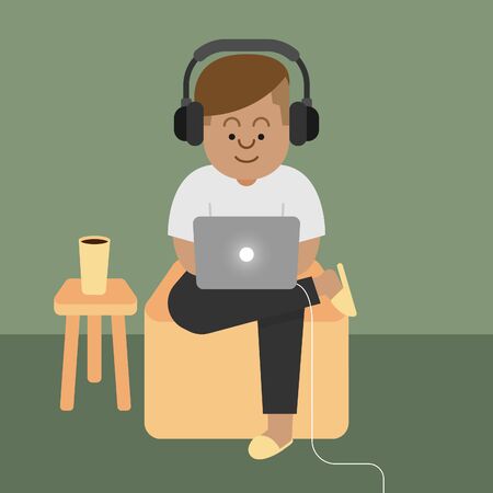 work from home. work at home. men in headphones listening to music and work at home. flat icon design.のイラスト素材