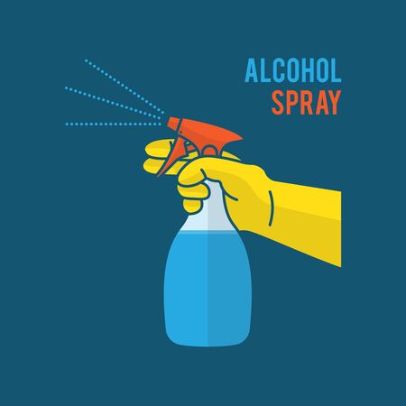 Spraying Anti-Bacterial Sanitizer Spray, Hand Sanitizer Dispenser, infection control concept. Sanitizer to prevent colds, virus, Coronavirus, flu. Spray bottle. Alcohol spray. Flat icon design.のイラスト素材