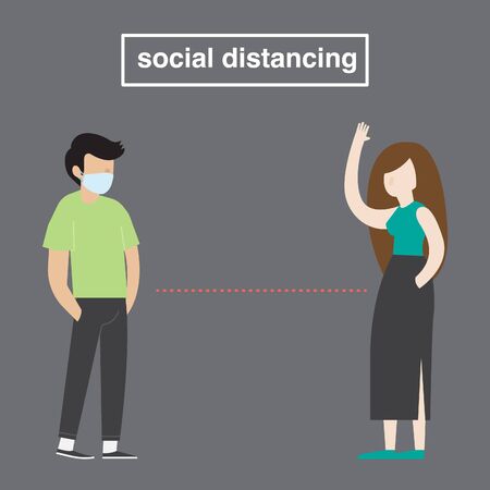 Social distancing, keep distance in public society people to protect from COVID-19 coronavirus outbreak spreading concept, businessman and woman keep distance away in the meetingのイラスト素材
