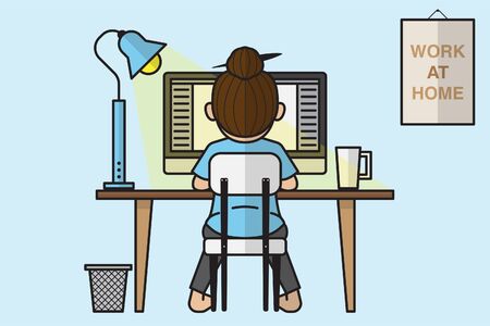work from home flat design. Work desktop back view, office desk table with laptop. work at home. living room. illustrationのイラスト素材