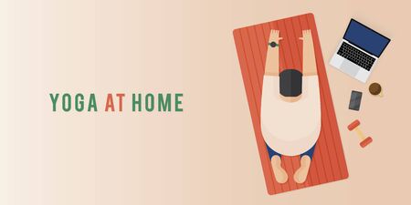 Women doing yoga activity at home. Stay at home and things to do in self isolation and social distancing during epidemic of corona virus. Home workout. topview.のイラスト素材
