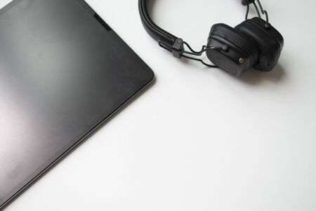 work station. tablet, headphone, mobile on white background. flat lay.の写真素材