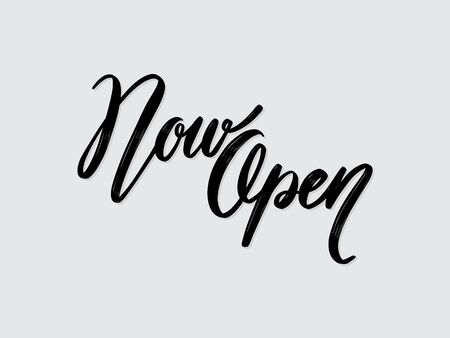 Now Open. Hand written lettering isolated on white background.Vector template for poster, social network, banner, cards.のイラスト素材
