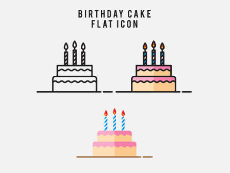 Birthday Cake flat icon on white background. Cake for birthday celebration with three candles. Vector illustration icons for web designのイラスト素材