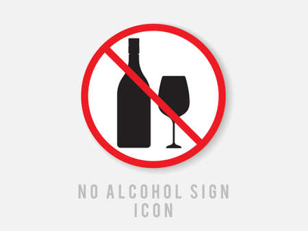No Alcohol Sign Vector. Strike Through Red Circle. icon for symbol warning. Prohibiting Alcohol Beverages. Beer Beverage Stop Sign. Bad Stamp. Isolated Flat icon. on white background.のイラスト素材