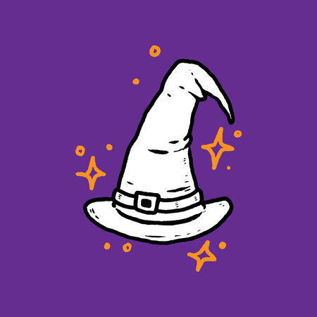 Hand drawn Halloween icon with a textured witch's hat vector illustration. on purple background. for poster, social network, banner, cards.のイラスト素材