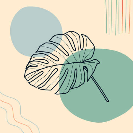monstera Leaves, abstract shapes. Ink painting style. Contemporary Hand drawn Vector illustrations. Continuous line, minimalistic elegant concept. All elements are isolatedのイラスト素材