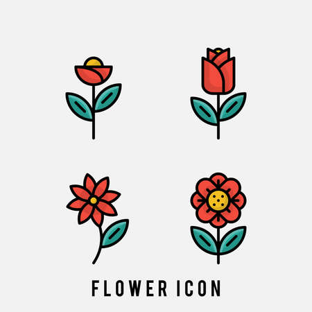 Flower icon set. Tulip, rose. Set of floral icon in flat design. Thin line style. Flower plant icon. Simple line vector elements of religious holiday for ui and ux, website or mobile application.のイラスト素材