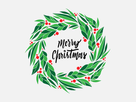 Greeting hand drawn card with Christmas wreath and Merry Christmas handwritten calligraphy. Vector illustration. Christmas wreath of red poinsettia and leaves. Watercolor illustrationのイラスト素材