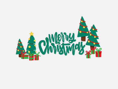Merry Christmas and gift box and xmas tree for Postcard or Poster or Flyer template with retro pickup truck with christmas tree. Vintage styled vector illustration.のイラスト素材