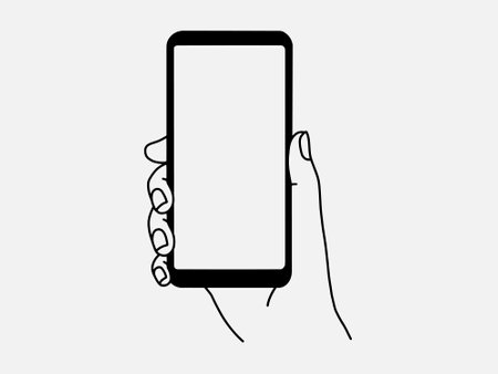 Smartphone blank screen mock up holding in businessman hand. isolated on white background. doodle style.のイラスト素材