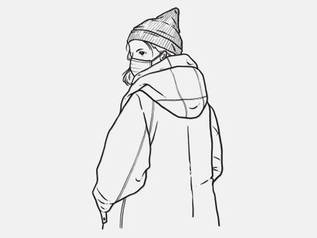 A woman standing with her back. Wear a mask. New normal. Human character on white background. Hand drawn style vector design illustrations.のイラスト素材