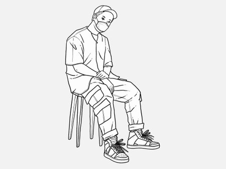 A man sitting in a chair. Wear a mask. New normal. Human character on white background. Hand drawn style vector design illustrations.のイラスト素材