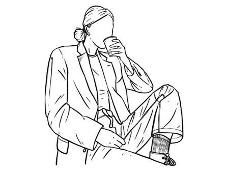 woman in suit sitting and drinking coffee character on white background. Hand drawn style vector design illustrations.のイラスト素材