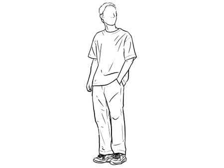 Man standing with his hands in his pants pocket line vector drawing. Minimalistic contour illustration.のイラスト素材