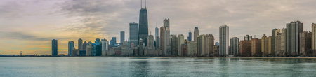 Chicago Skyline Sunset and Lake Michigan Panorama