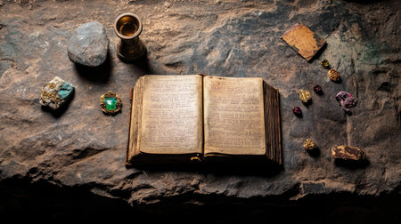 Ancient books with mysterious trinkets arranged on a rugged stone tableの素材