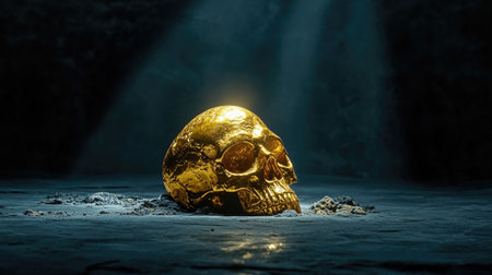 Artistic close-up of a golden skull sculpture glowing on a dark matte surfaceの素材