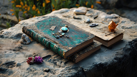 Ancient books with mysterious trinkets arranged on a rugged stone tableの素材