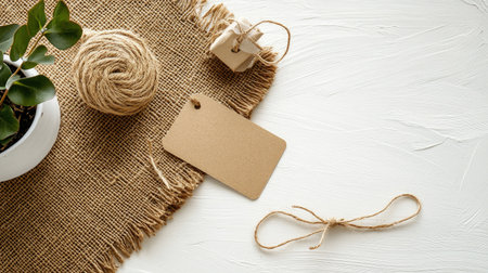 Earthy textile palette with textures, twine, and kraft paper label in a soft natural lightの素材
