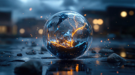Bright orb glowing inside transparent glass with small sparks and electric effectsの素材