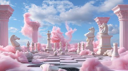 Artistic fusion of classical sculpture and chess game setup in surreal pink settingの素材