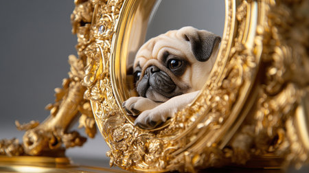Cute pug figurine looking into elegant gold mirror with intricate designの素材