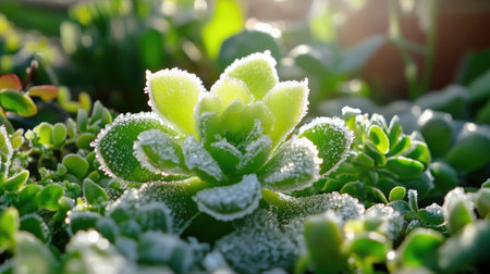 Delicate winter plants coated in frost shimmer softly in the morning sunの素材