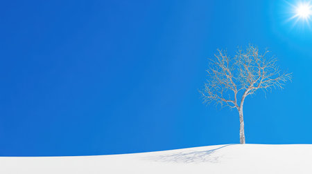 Minimal winter scene with a single leafless tree on a white slope beneath clear blue skyの素材