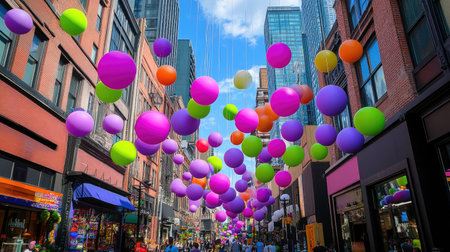 Decorative candy-like balls in pink and purple suspended across colorful city streetの素材