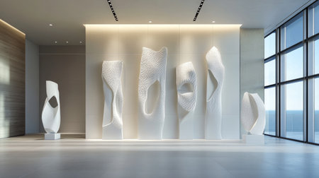 Clean interior with abstract white sculptures placed against neutral walls and soft lightingの素材