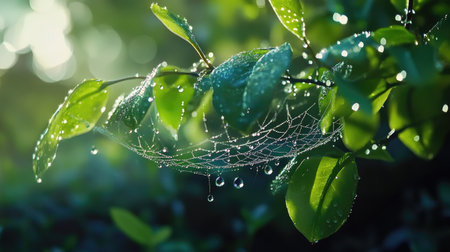 Delicate web holding sparkling droplets in morning light, with blurred greens behindの素材
