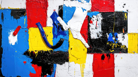 Bold vertical strokes in red, blue, yellow, and black on textured canvas create a modern abstract paintingの素材