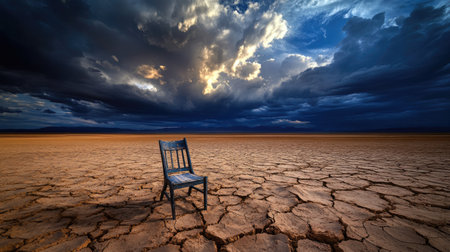 Desolate desert with broken earth and a single chair under dramatic storm cloudsの素材