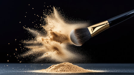 Makeup brush scattering beige powder in dynamic burst against dramatic dark background, capturing motionの素材