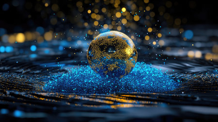 Dynamic orb of shimmering gold and blue dots in energy flow on futuristic digital fieldの素材