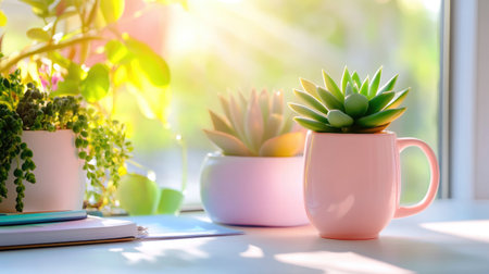 Feminine workspace with pastel tones, succulent plant in mug, and soft desk lightingの素材