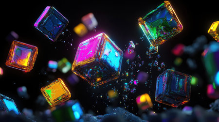 Bright energy beams connecting glowing cubes in a digital abstract spaceの素材