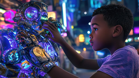 Curious boy touches a sleek humanoid robot under neon lights in a futuristic cityの素材