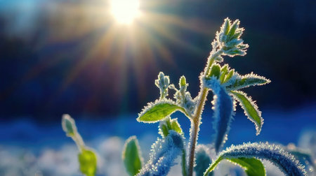 Delicate winter plants coated in frost shimmer softly in the morning sunの素材