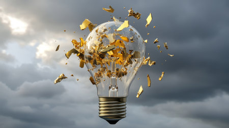 Conceptual image of an exploding bulb, golden fragments suspended against gray cloudsの素材