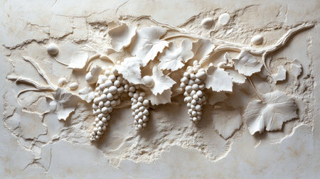 Elegant vineyard relief etched into creamy wall texture in architectural settingの素材