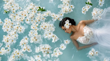 Ethereal image of a woman drifting in water adorned with floating white blossomsの素材