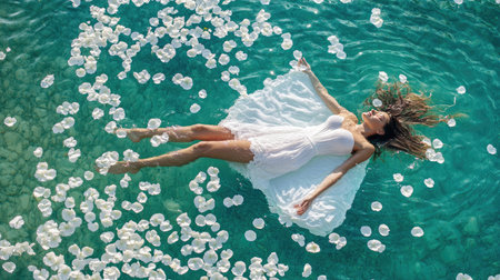 Peaceful woman lies afloat surrounded by delicate white petals on calm waterの素材