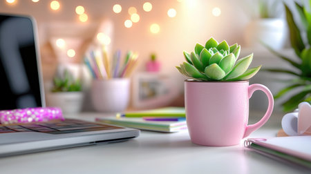 Feminine workspace with pastel tones, succulent plant in mug, and soft desk lightingの素材