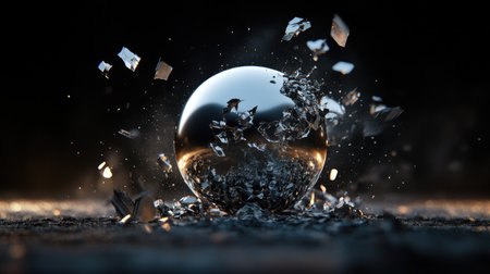 Dynamic explosion of chrome sphere with flying fragments and sparks in darknessの素材